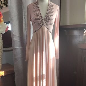 Chic Blush Long Sleeve Dress with Embellishments